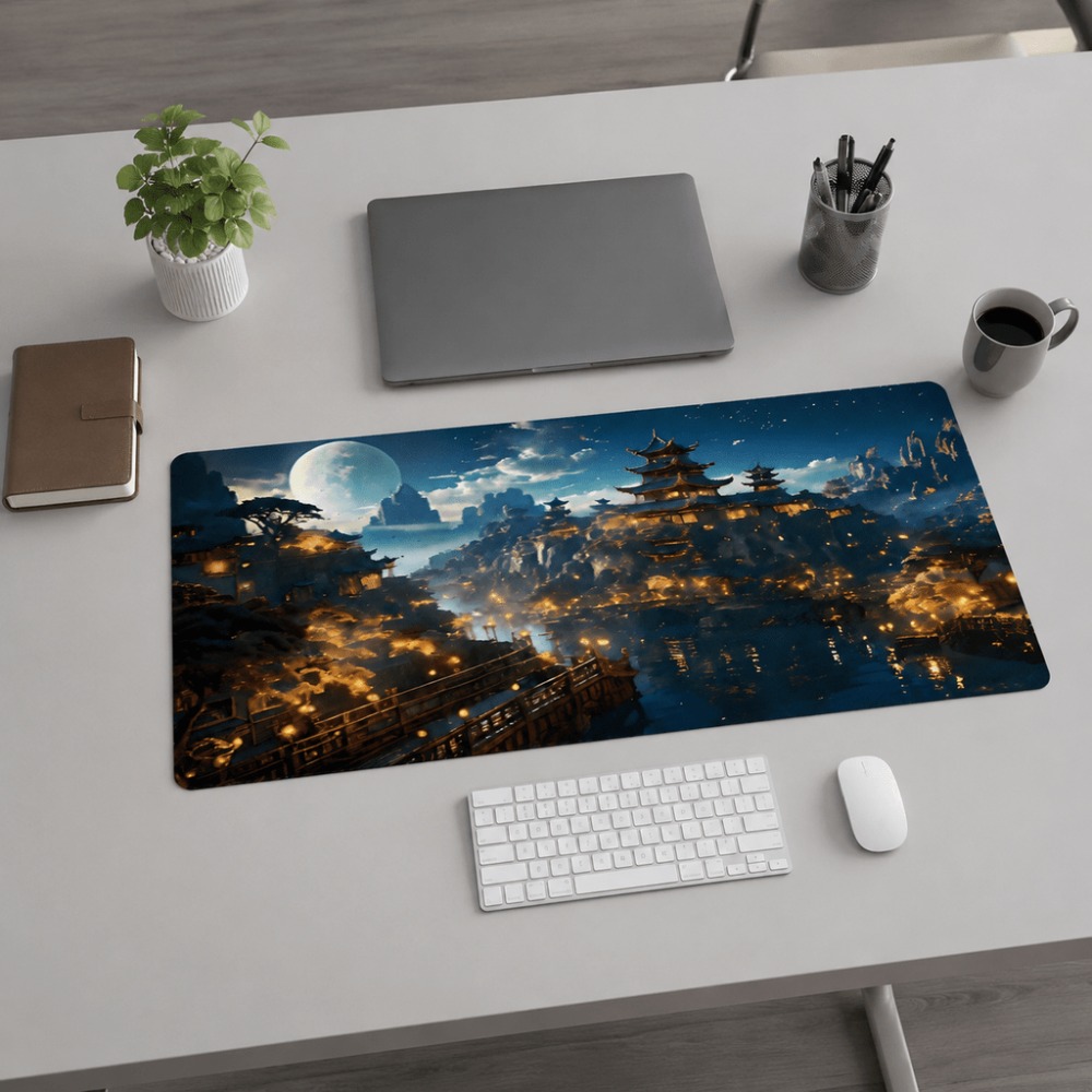 Work Desk Home Setup - Orijinal fantezi gece şehri ay desenli