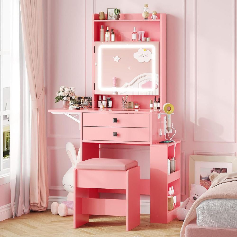 Desk Setup Small - Vabches Küçük Makyaj Masası, Eskitilmiş Görünümlü